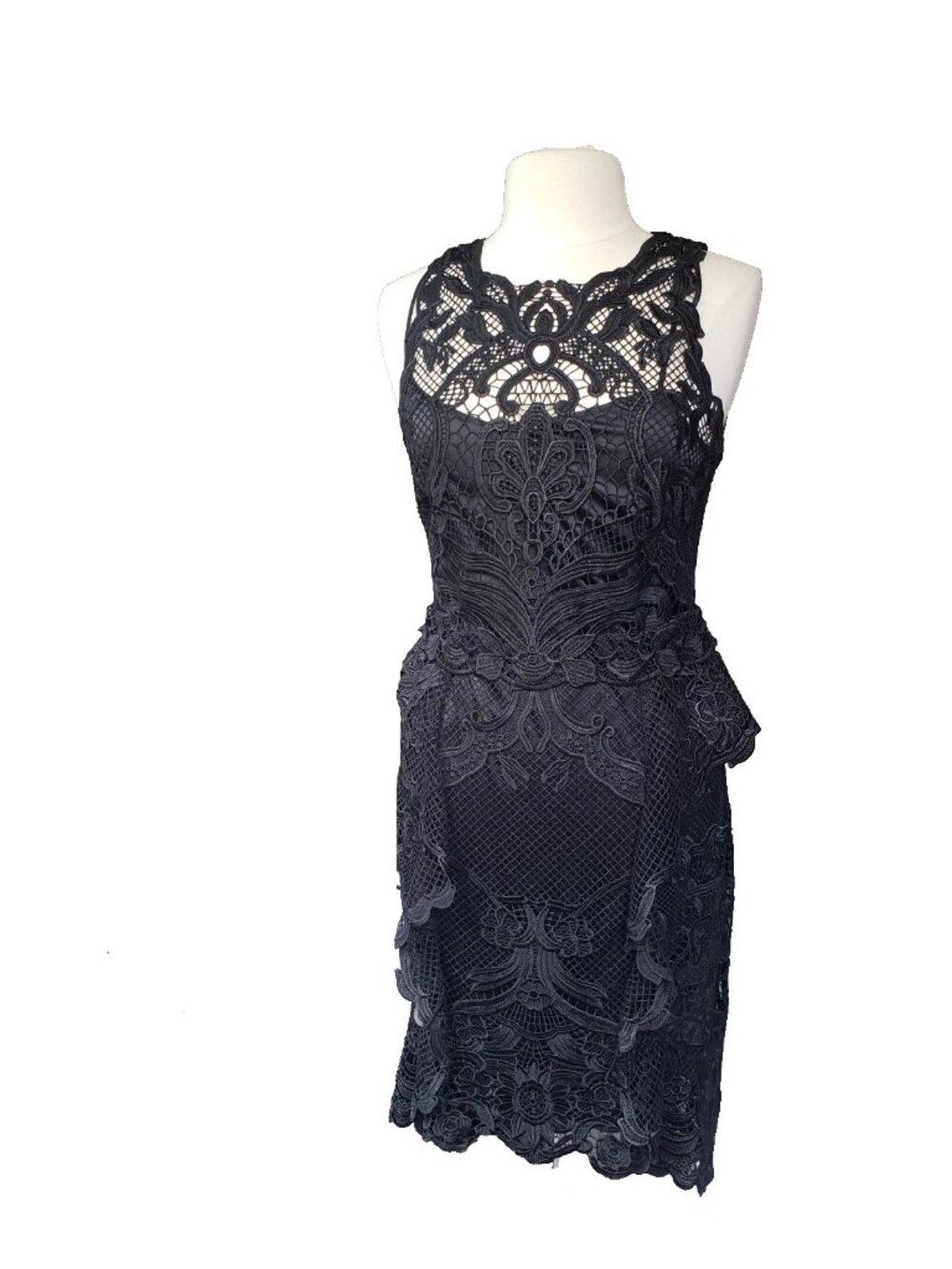 Kobi Halperin Lace Crochet Peplum Ruffle Knee Length LBD Black Dress